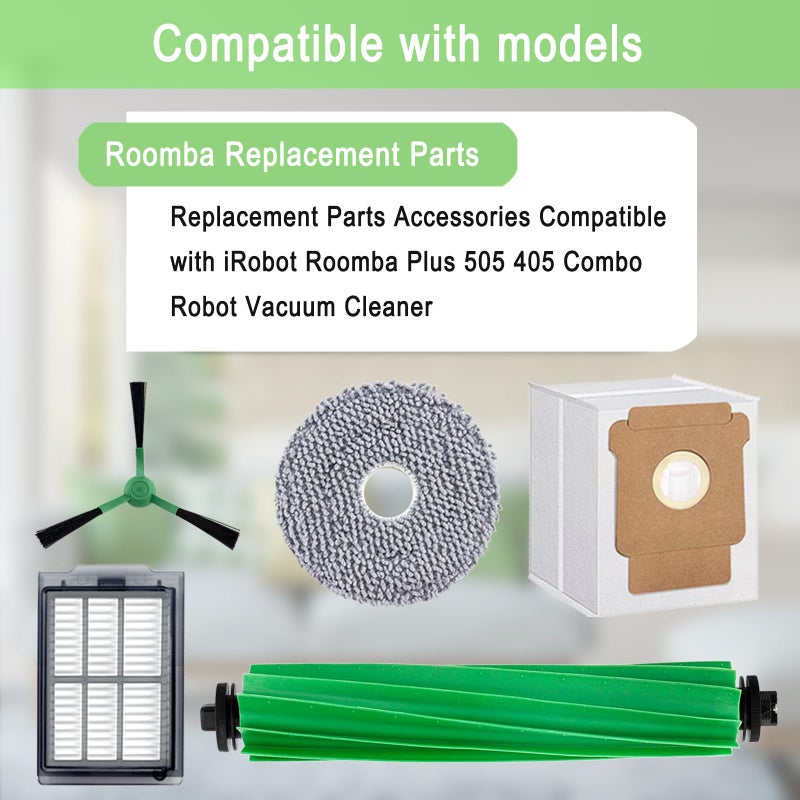 MalhSlix Replacement Parts Accessories Kit for iRobot Roomba Plus 505 Combo 405 Combo Robot Vacuum Cleaner, 2 Roller Brush, 6 Mop Pads, 6 Filters, 8 Side Brush, 8 Vacuum Bags - Image 2